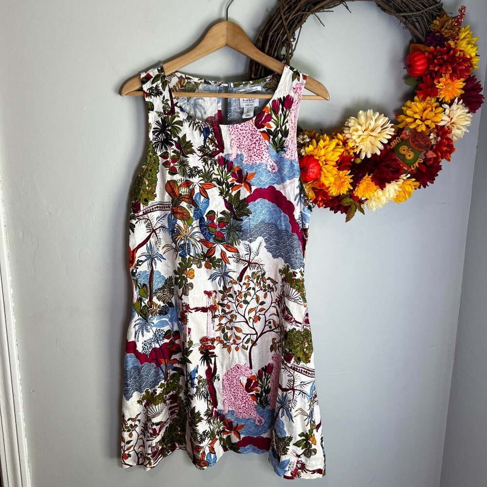 Nicole Miller NY Women's Shift Animal Floral Print Dress LARGE Linen